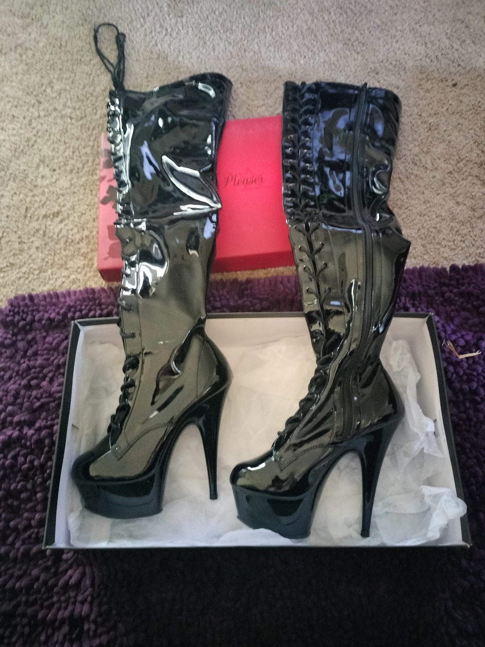 Pleaser Black Patent Platform Over-the-Knee Stiletto Boots